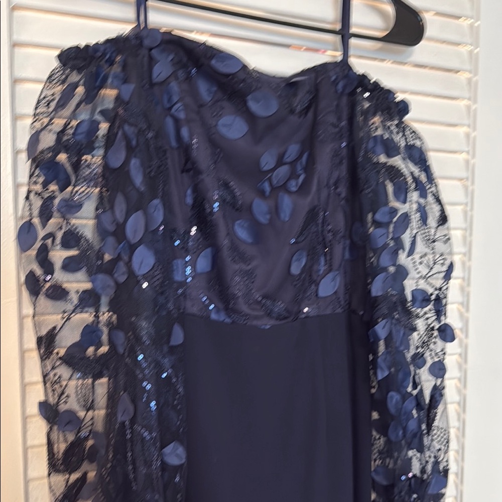 Elegant Navy Blue Gown with Sheer Sleeves